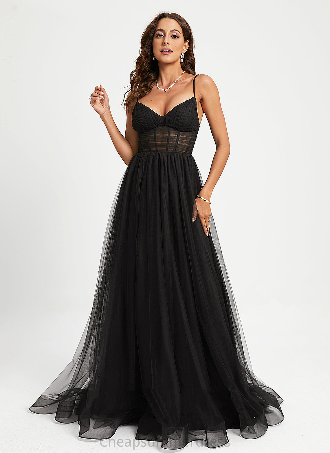 Pleated Prom Dresses Train V-neck Tulle Sweep Kamryn With Ball-Gown/Princess