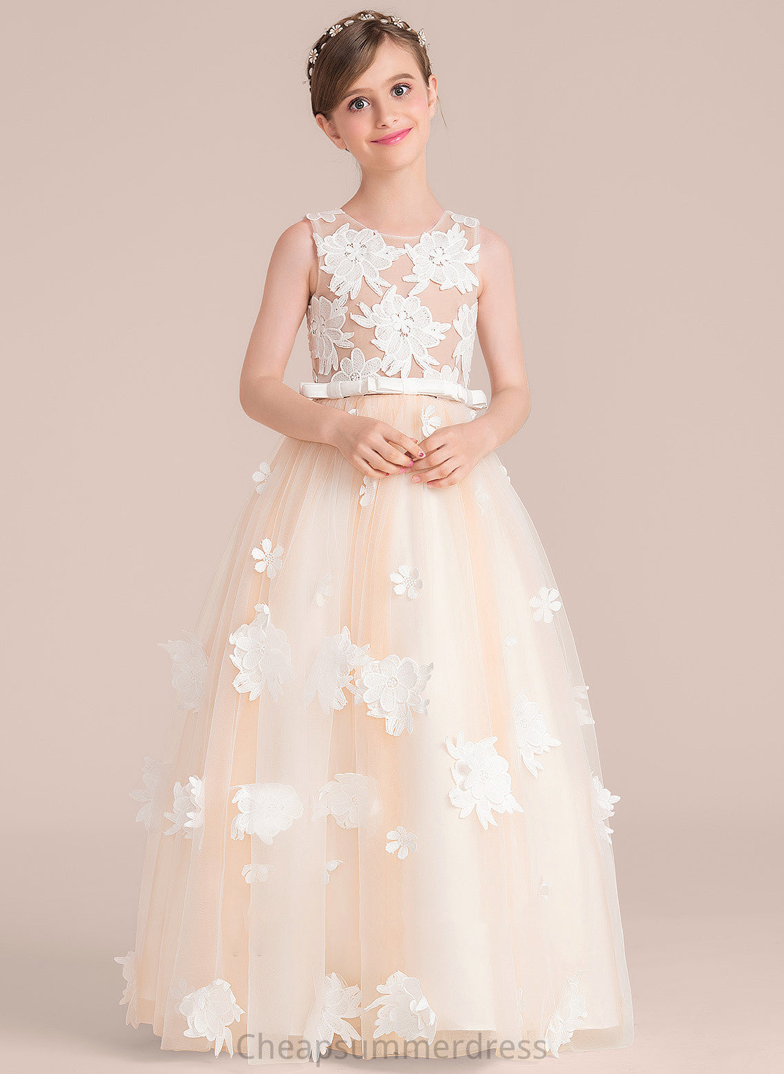 Tulle Floor-Length Flower(s) Ball-Gown/Princess Bow(s) Neck Cali With Scoop Junior Bridesmaid Dresses