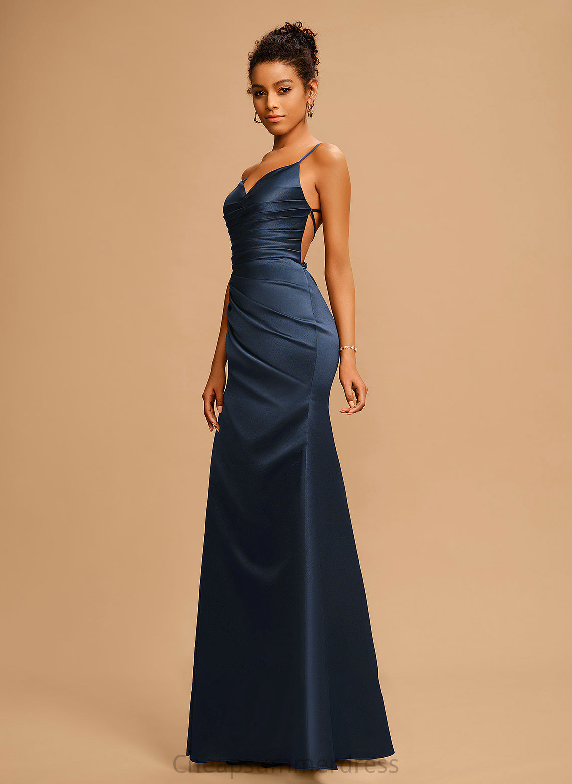 V-neck Ireland Sheath/Column Floor-Length Satin With Pleated Prom Dresses