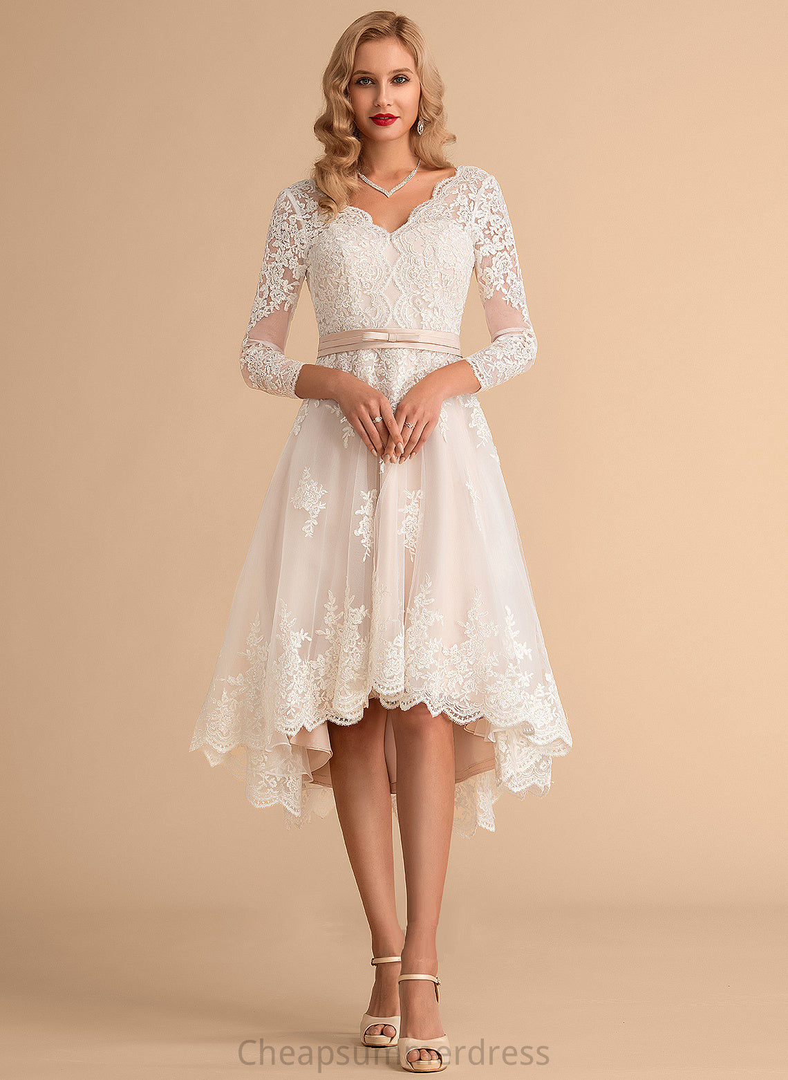 Tulle Asymmetrical Satin V-neck A-Line Hayley Wedding Wedding Dresses Lace Dress