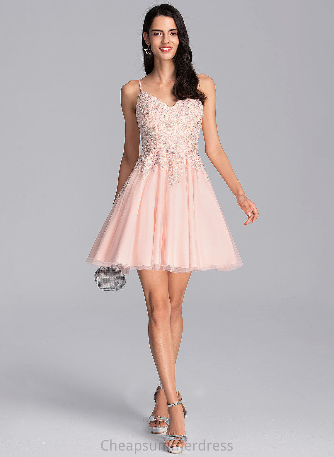 A-Line With Prom Dresses Tessa Beading Sequins Short/Mini V-neck Tulle