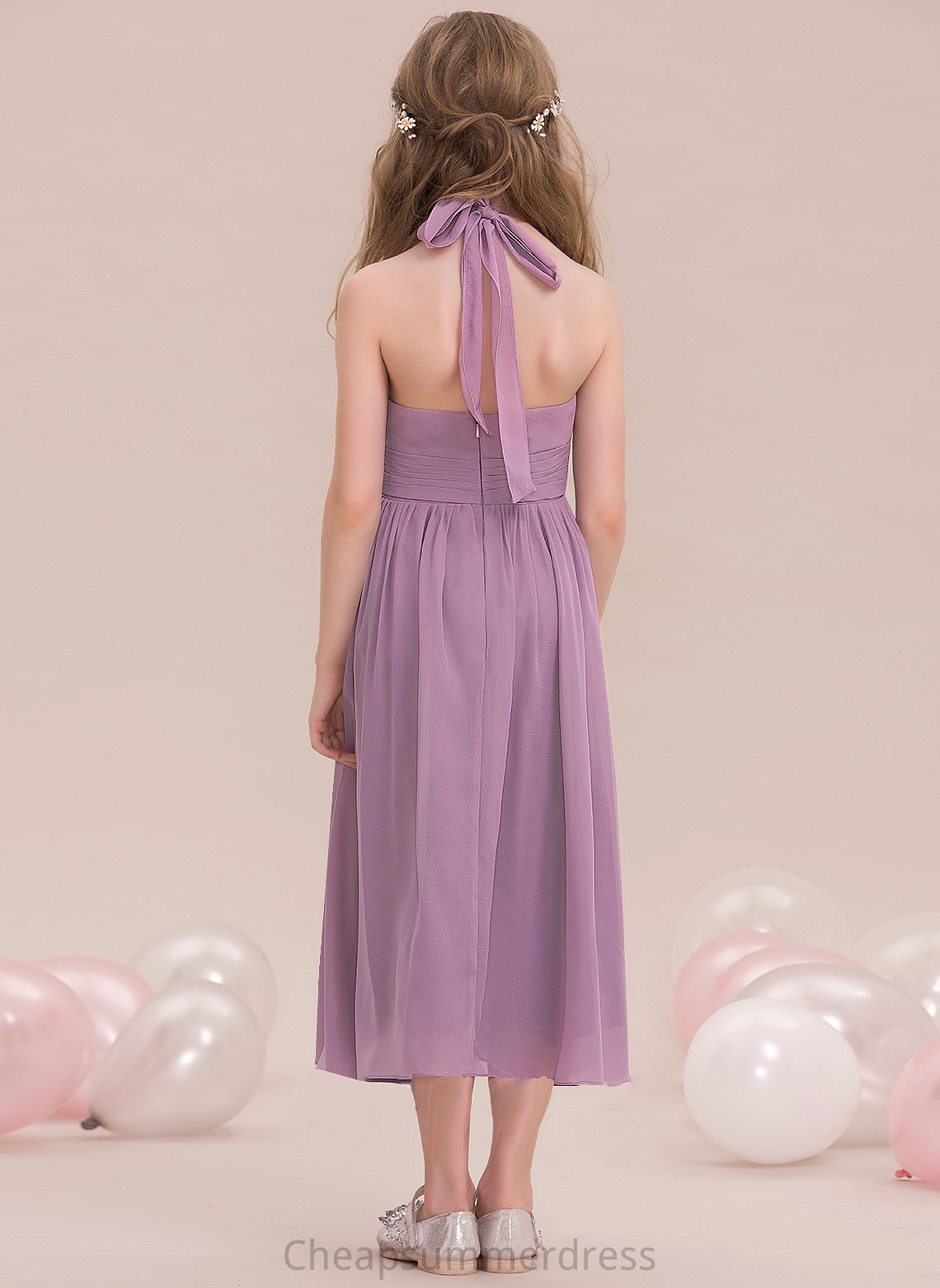 Halter Tea-Length A-Line Ayanna With Ruffle Junior Bridesmaid Dresses Chiffon