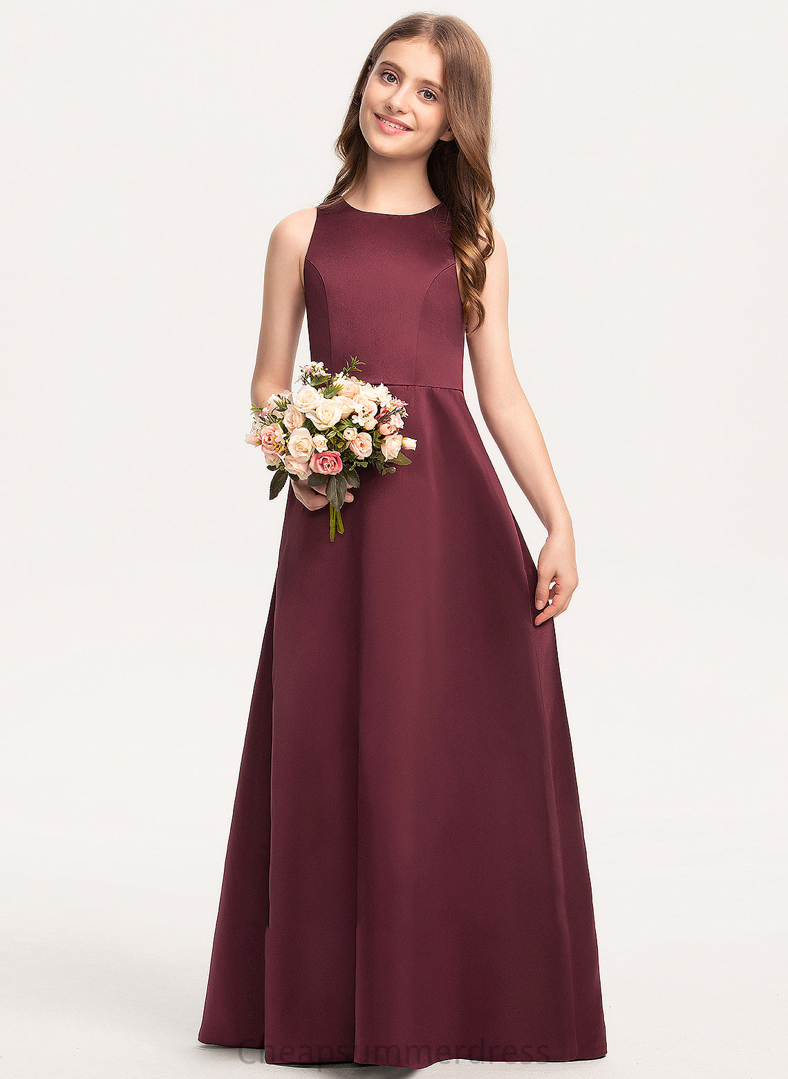 A-Line Neck Satin Madeline Scoop Junior Bridesmaid Dresses Floor-Length