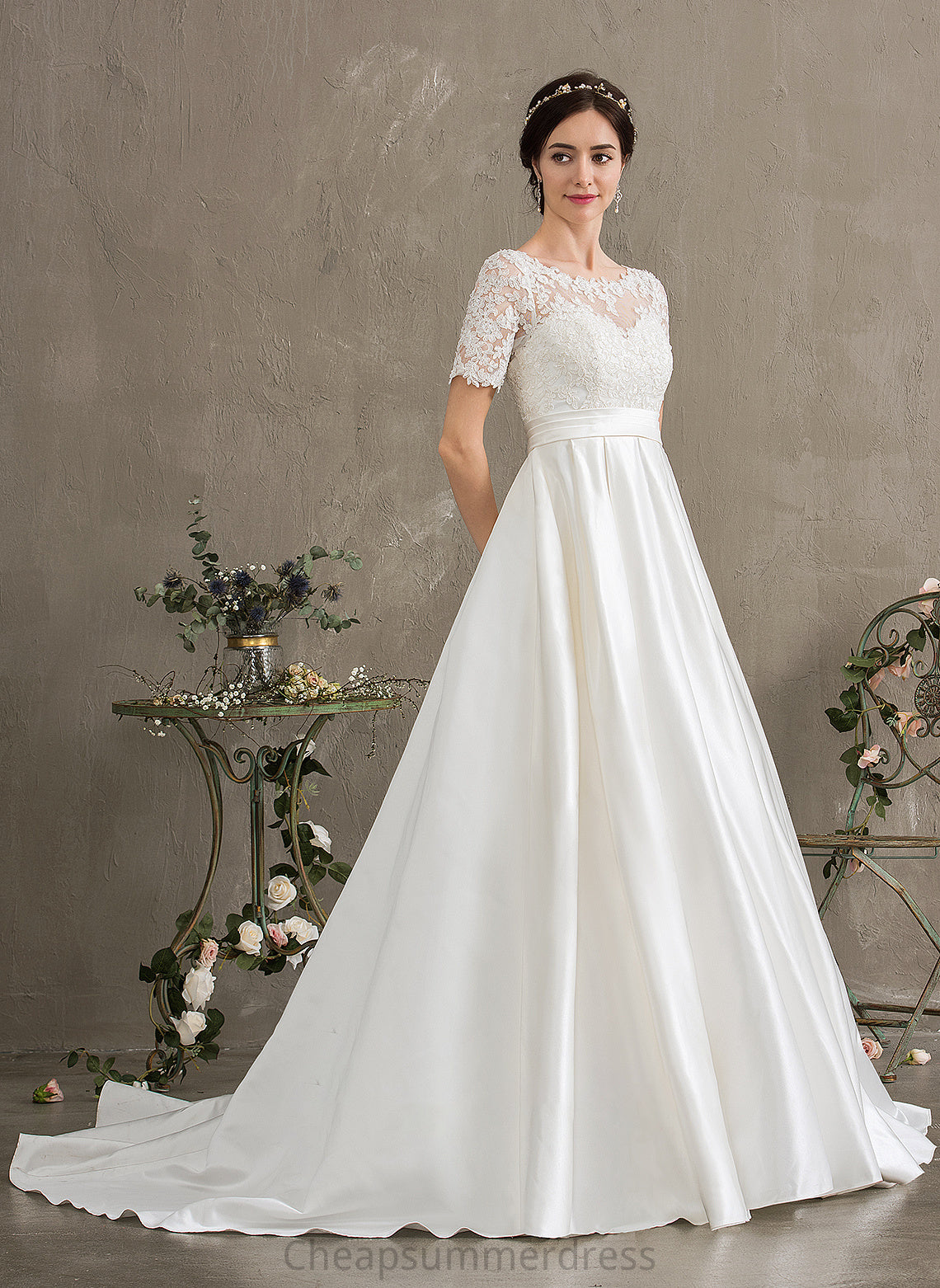 Court Sequins Train Dress Kimberly Wedding With Scoop Satin Wedding Dresses Pockets Ball-Gown/Princess Neck Beading