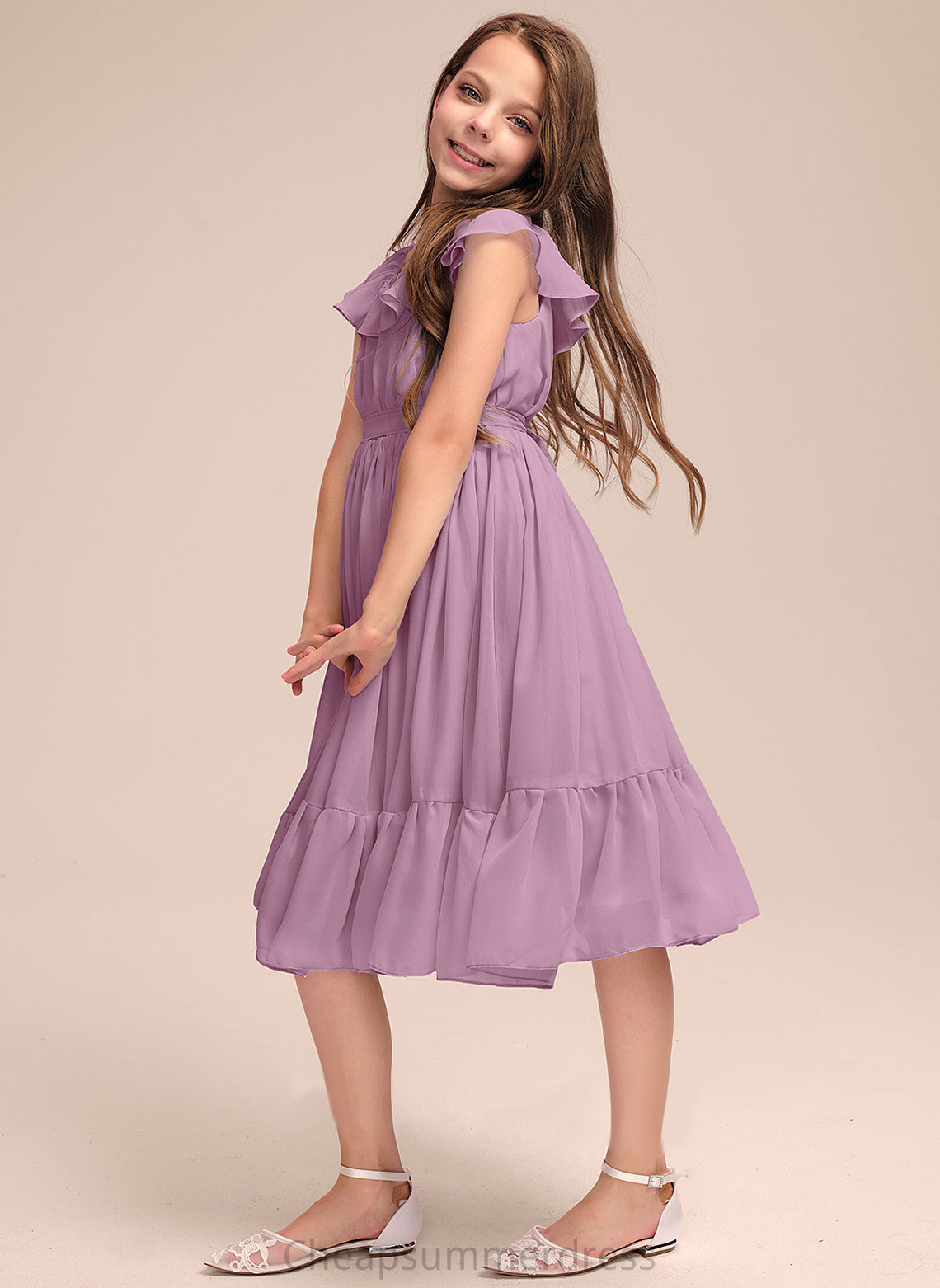 Knee-Length Ruffles Bow(s) A-Line Lorna With Neck Chiffon Junior Bridesmaid Dresses Scoop Cascading