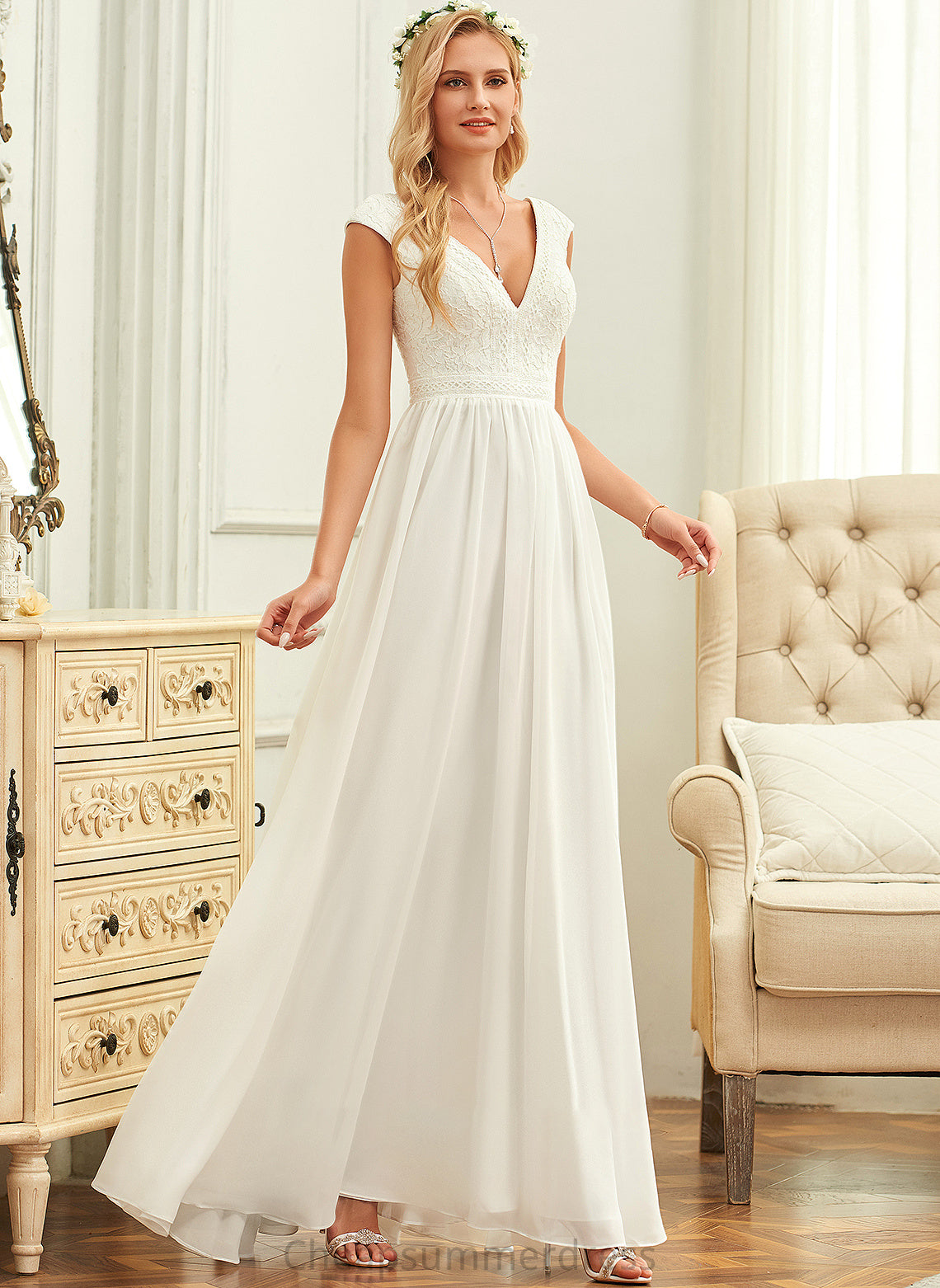 Chiffon Shea Wedding Dresses V-neck A-Line Wedding Floor-Length Lace Dress