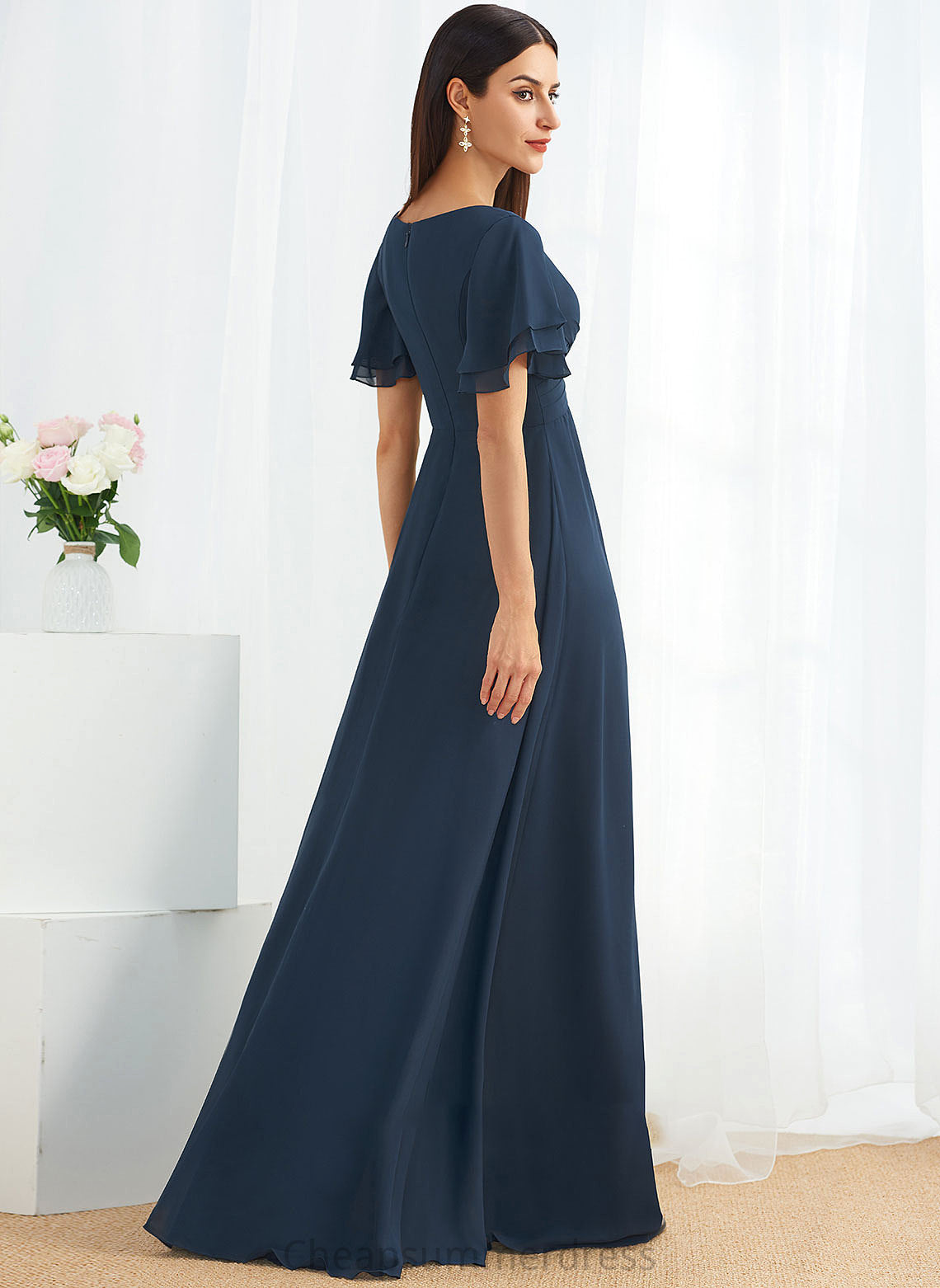 SplitFront A-Line Fabric Embellishment V-neck Silhouette Length Neckline Floor-Length Penelope Natural Waist Floor Length