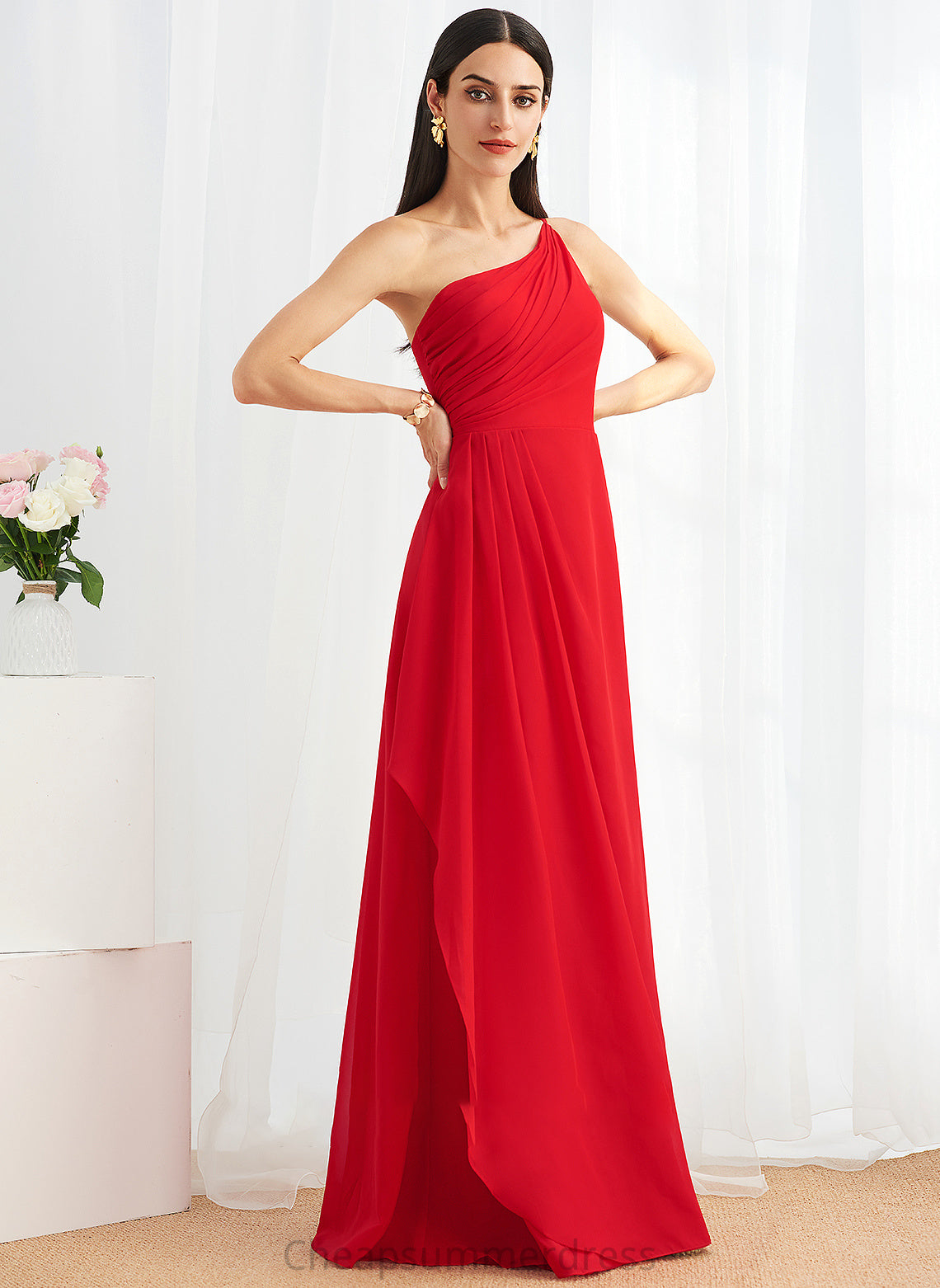 Ruffle Silhouette Embellishment A-Line Floor-Length Neckline Length Fabric SplitFront One-Shoulder Aiyana Natural Waist