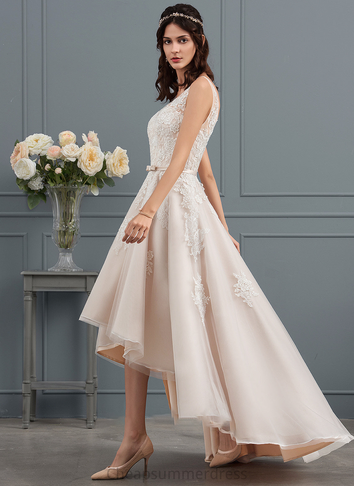 Lace Dress Iliana Tulle A-Line V-neck Bow(s) Wedding Dresses With Asymmetrical Wedding