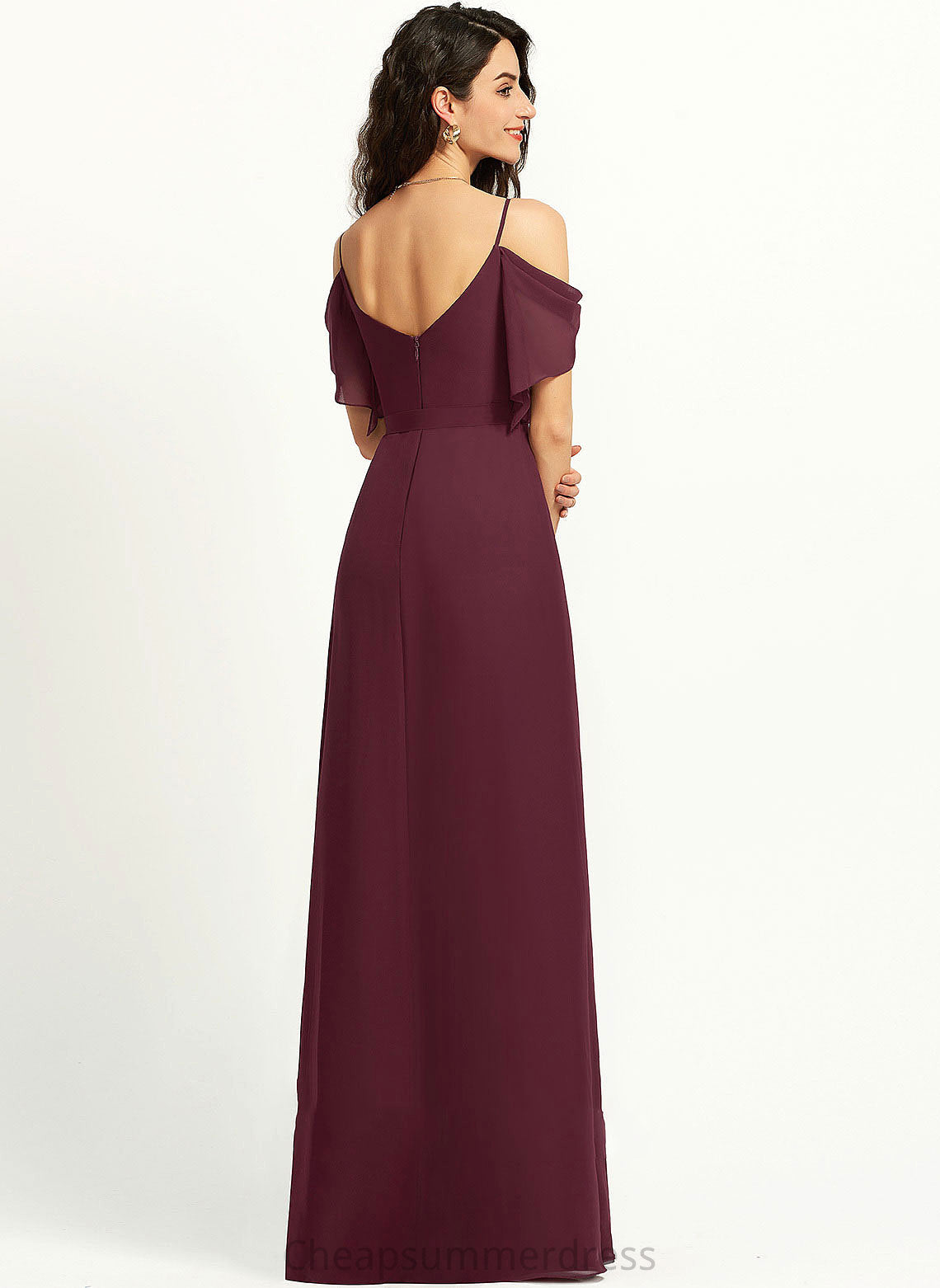 Length Floor-Length Fabric Silhouette V-neck Neckline A-Line Embellishment SplitFront Ruffle Kassandra Floor Length