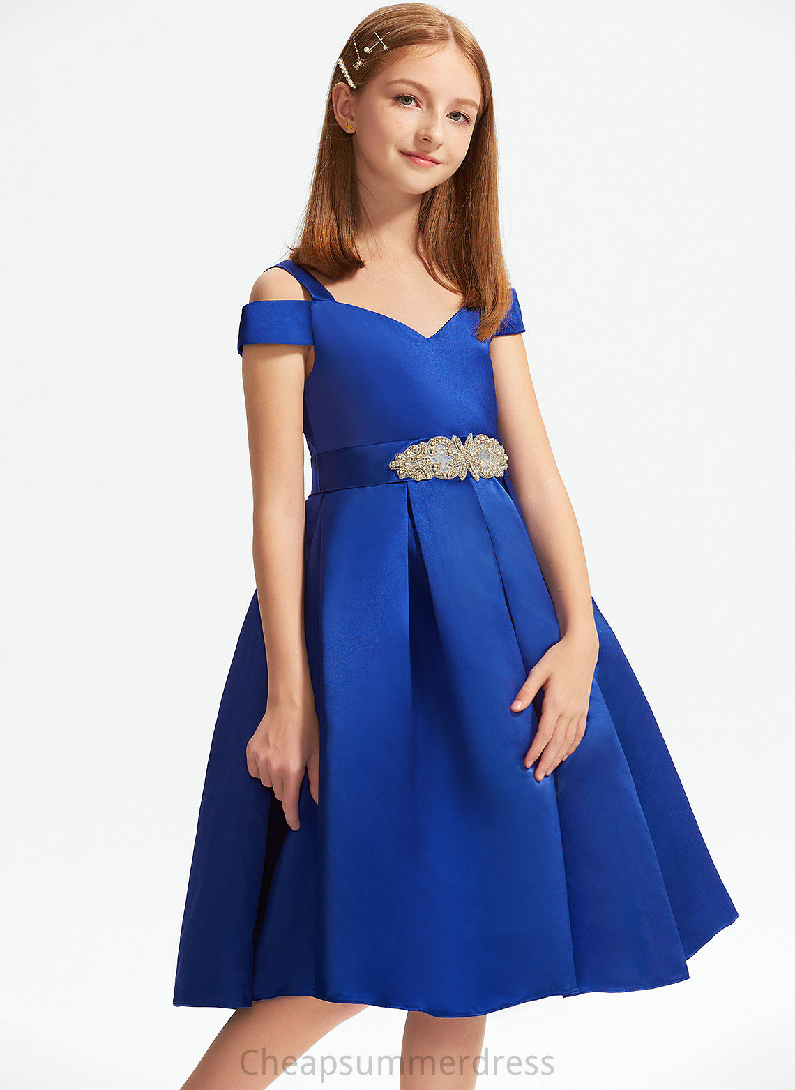 A-Line Junior Bridesmaid Dresses Bow(s) Breanna Off-the-Shoulder Satin Beading With Knee-Length