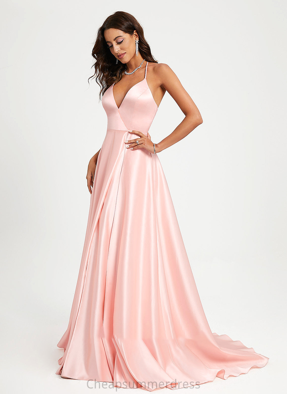 A-Line Sweep V-neck Heaven Prom Dresses Train Satin