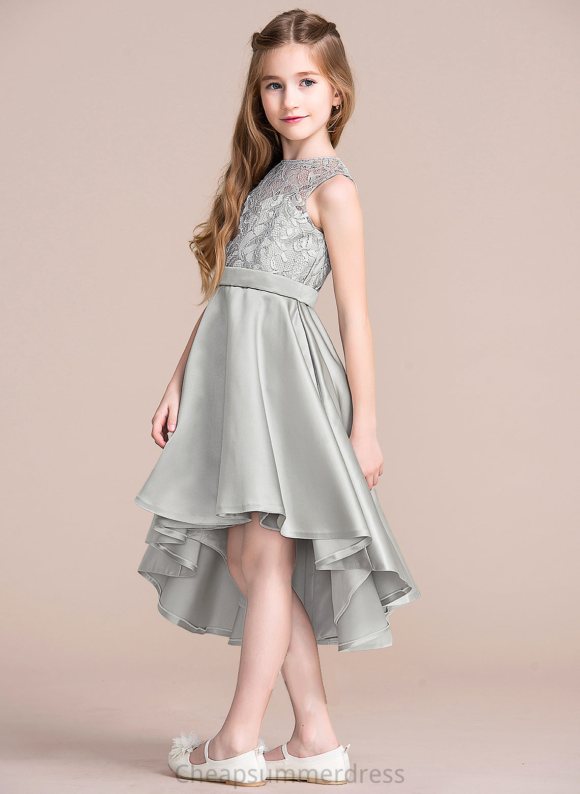 A-Line Asymmetrical Junior Bridesmaid Dresses Christine Scoop Satin Neck