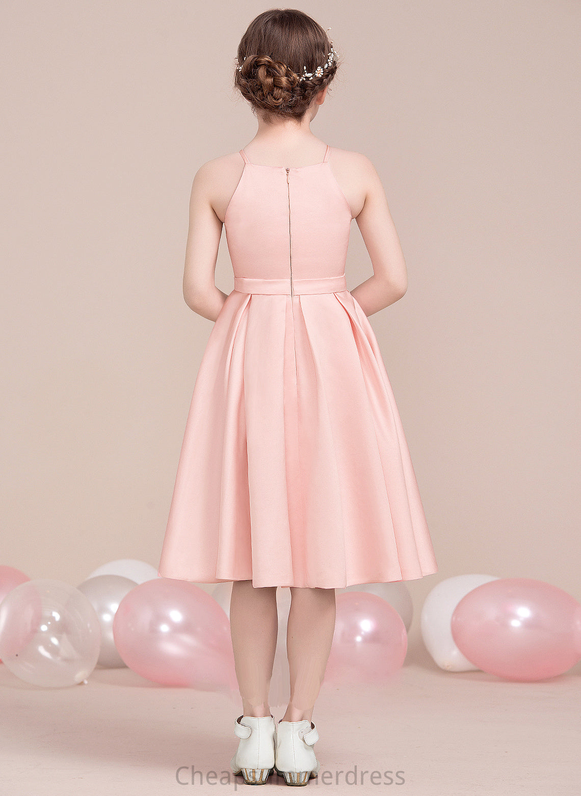 A-Line With Bow(s) Knee-Length Satin Square Jaliyah Neckline Junior Bridesmaid Dresses