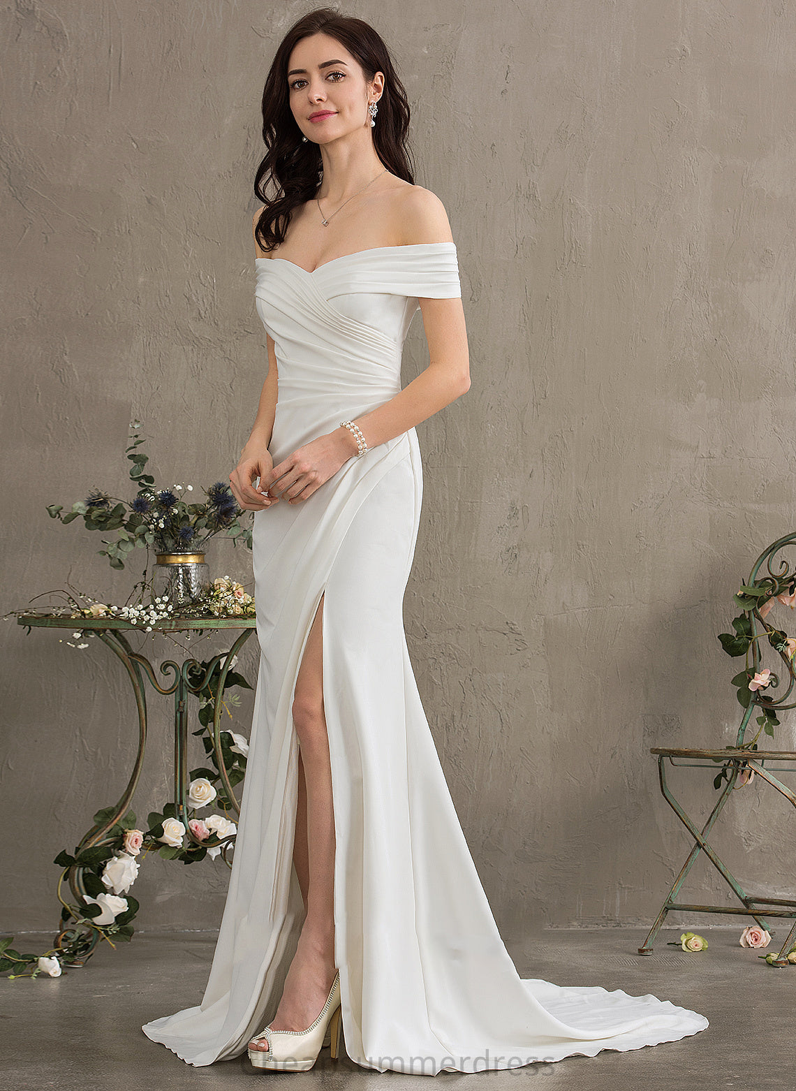 Off-the-Shoulder Annie Sweep Dress Split With Train Crepe Stretch Ruffle Front Sheath/Column Wedding Wedding Dresses