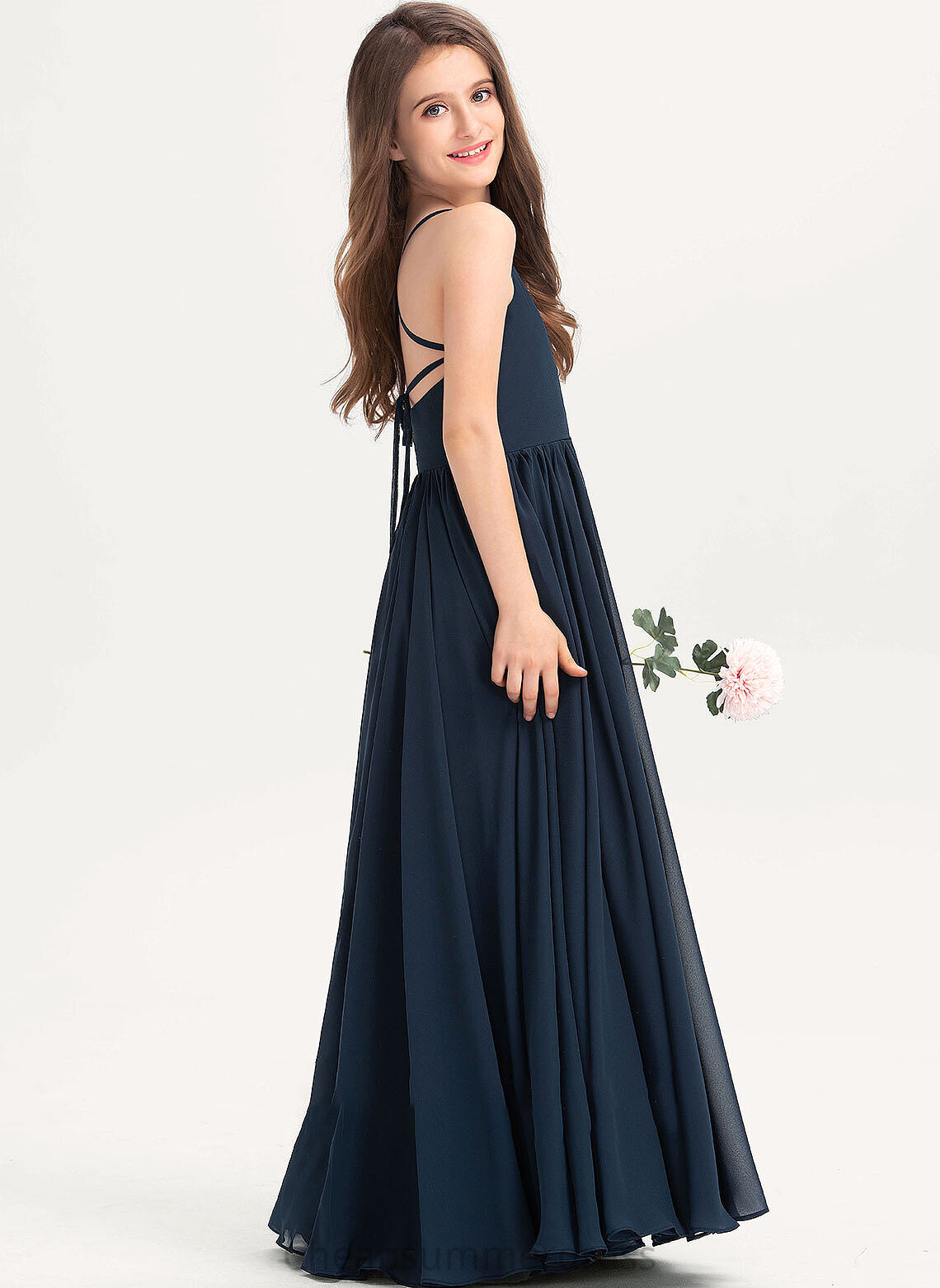 A-Line Junior Bridesmaid Dresses With Floor-Length Simone Bow(s) Neckline Square Chiffon