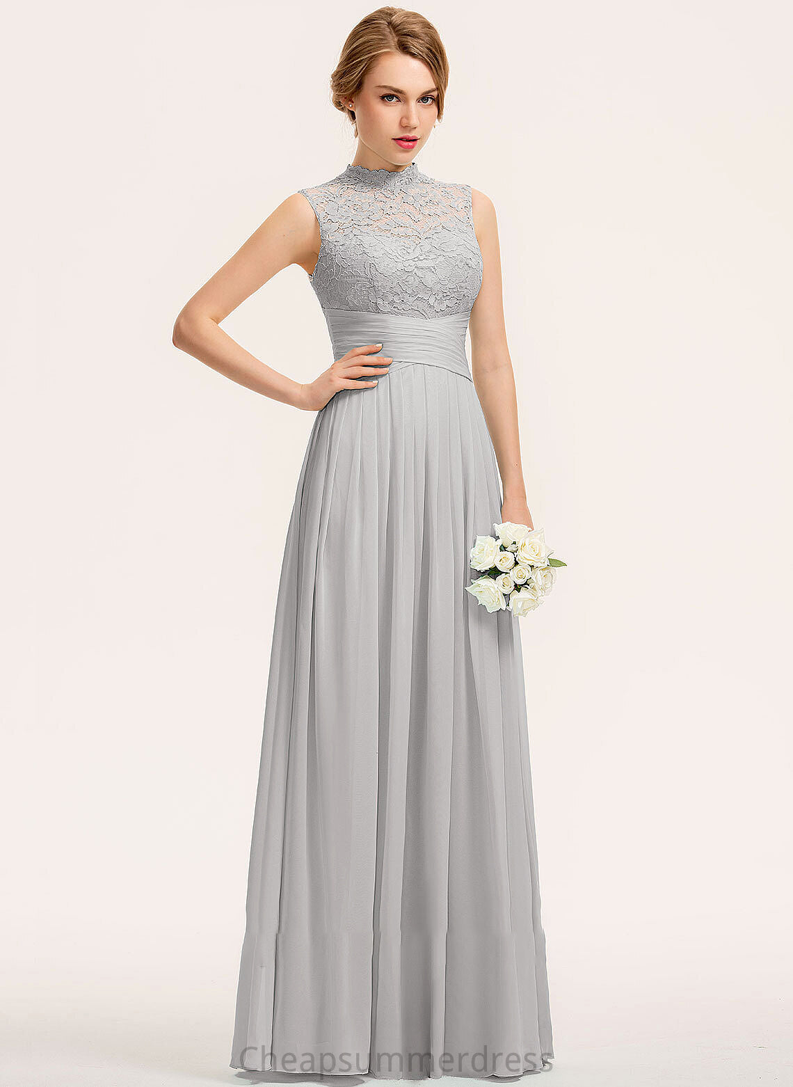 HighNeck Ruffle Fabric Neckline A-Line Embellishment Floor-Length Length Silhouette Shannon A-Line/Princess Natural Waist