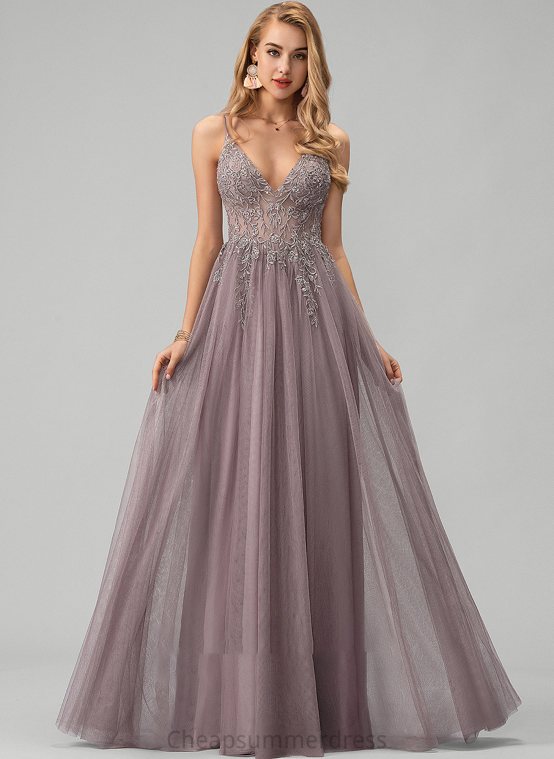 Floor-Length Prom Dresses With Tulle Lace Crystal Sequins Beading Ball-Gown/Princess V-neck Front Split