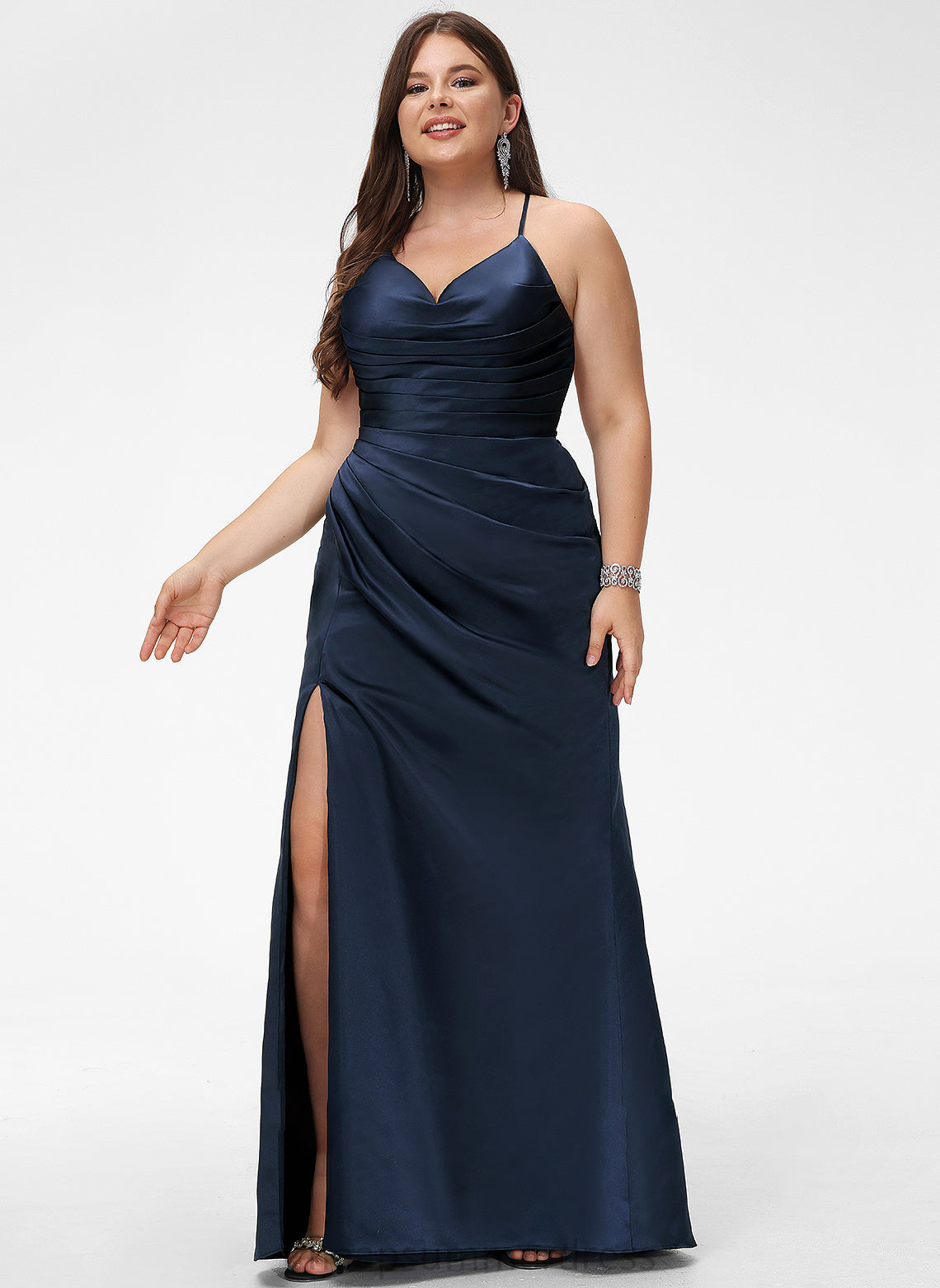 V-neck Ireland Sheath/Column Floor-Length Satin With Pleated Prom Dresses