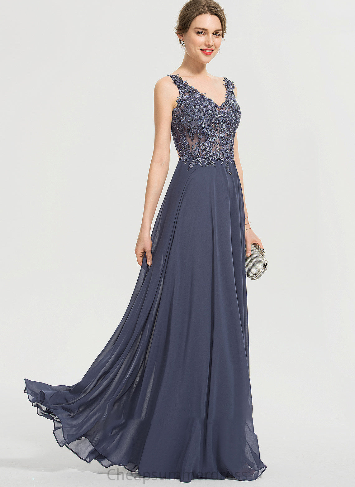 A-Line With Front Split Prom Dresses Beading Floor-Length Naomi Sequins V-neck Chiffon