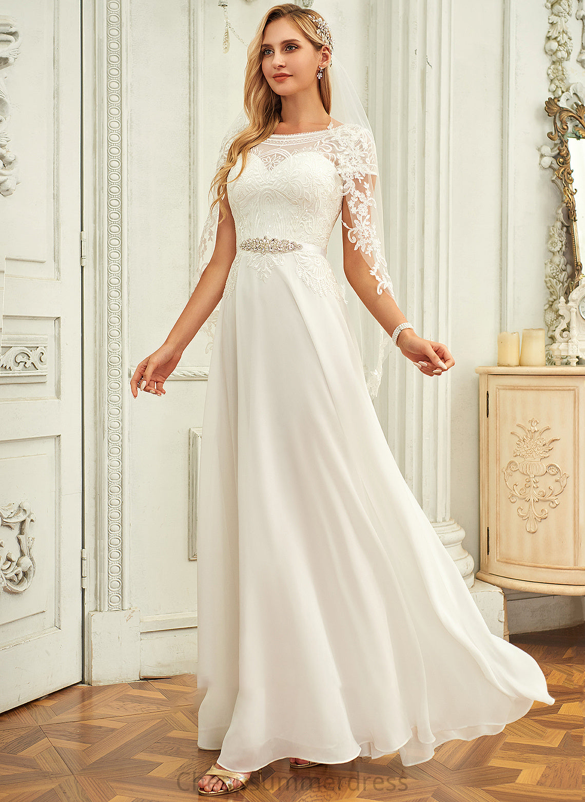 Lace Scoop Wedding Dresses Jessie A-Line Chiffon Floor-Length Sequins With Wedding Dress Neck