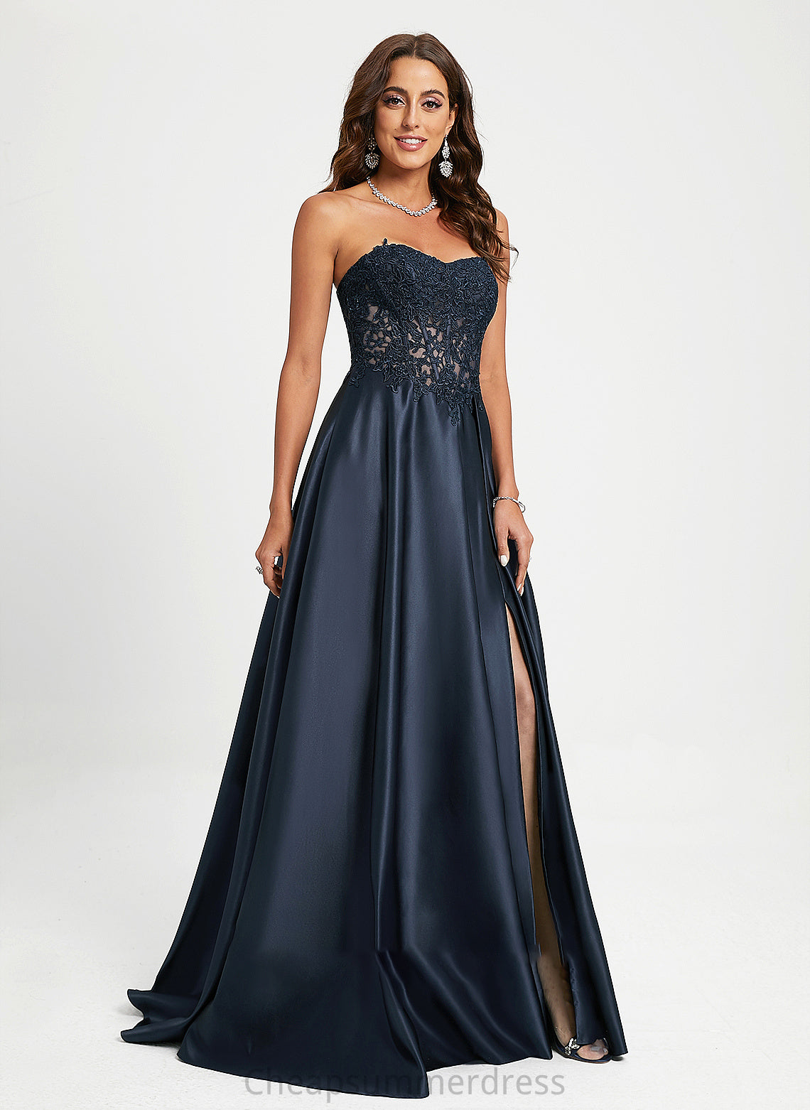 Sweetheart A-Line Chloe Train Satin With Lace Prom Dresses Sweep