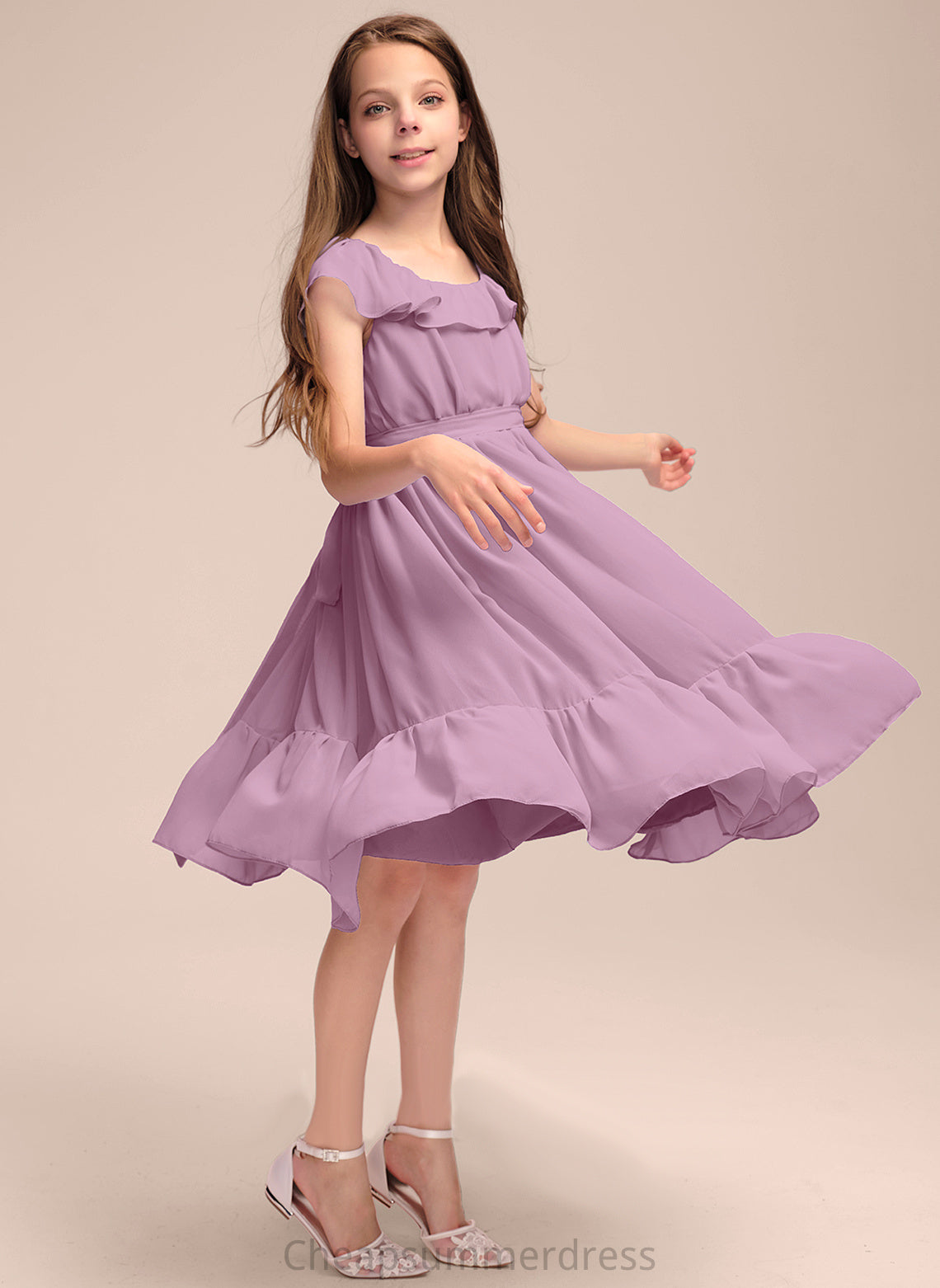 Knee-Length Ruffles Bow(s) A-Line Lorna With Neck Chiffon Junior Bridesmaid Dresses Scoop Cascading