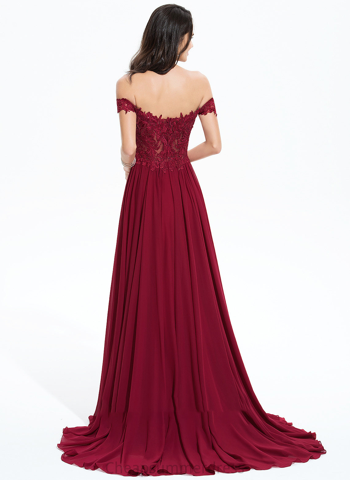 A-Line Sweep Cailyn Lace Off-the-Shoulder Train With Sequins Prom Dresses Chiffon