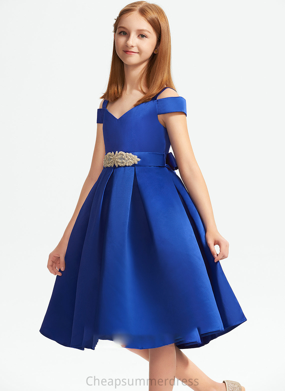 A-Line Junior Bridesmaid Dresses Bow(s) Breanna Off-the-Shoulder Satin Beading With Knee-Length