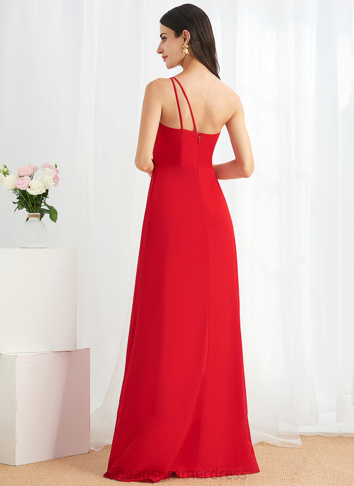 Ruffle Silhouette Embellishment A-Line Floor-Length Neckline Length Fabric SplitFront One-Shoulder Aiyana Natural Waist