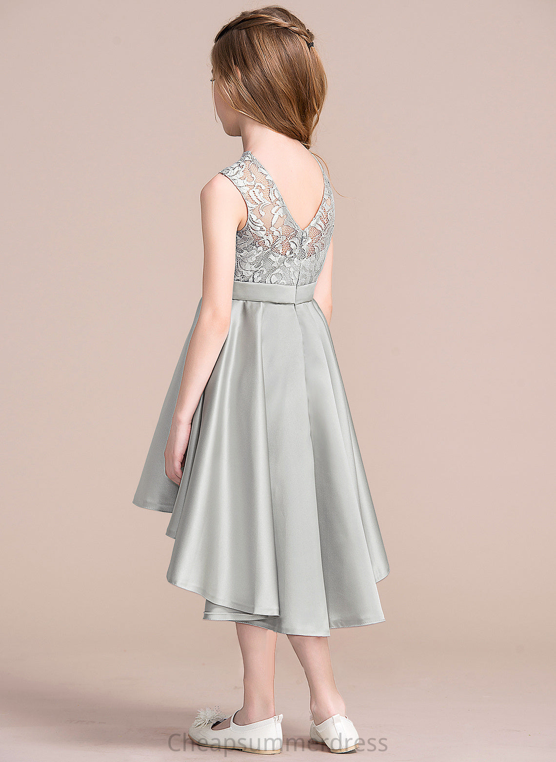 A-Line Asymmetrical Junior Bridesmaid Dresses Christine Scoop Satin Neck