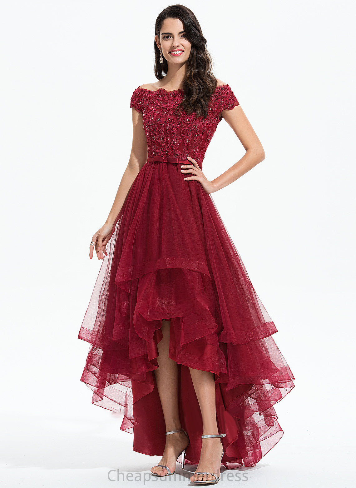 Prom Dresses Beading Brylee Bow(s) Asymmetrical Tulle Sequins With Ball-Gown/Princess Off-the-Shoulder