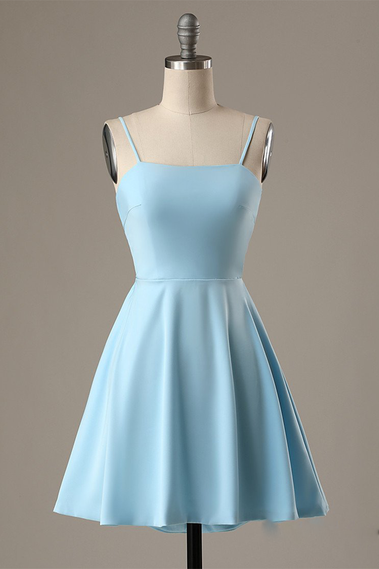 A-Line Spaghetti Straps Satin Destinee Homecoming Dresses Short Blue