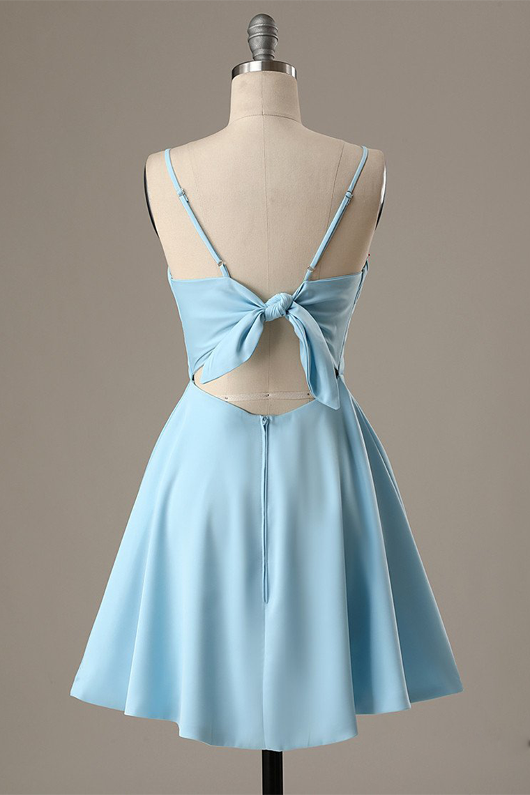 A-Line Spaghetti Straps Satin Destinee Homecoming Dresses Short Blue