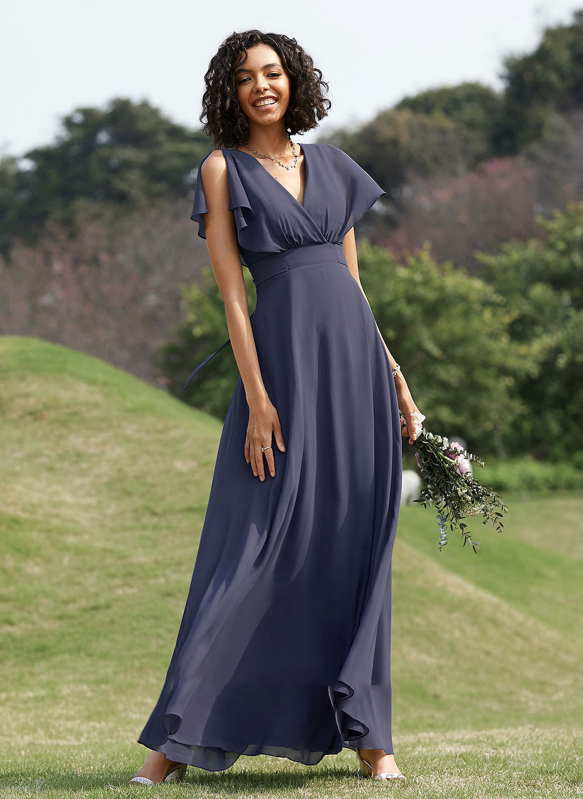 Neckline V-neck Silhouette Straps Floor-Length A-Line Fabric Length Rubi V-Neck Sleeveless A-Line/Princess