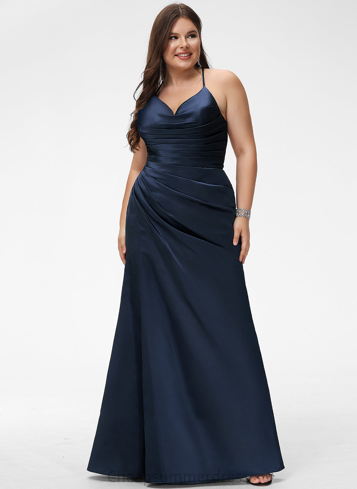 V-neck Ireland Sheath/Column Floor-Length Satin With Pleated Prom Dresses