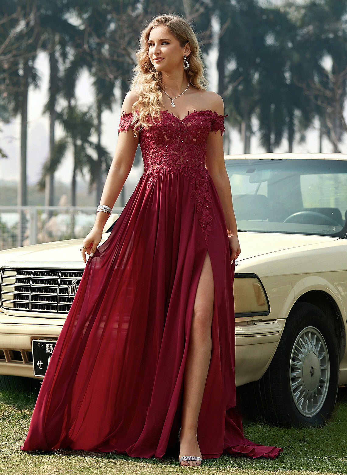 A-Line Sweep Cailyn Lace Off-the-Shoulder Train With Sequins Prom Dresses Chiffon