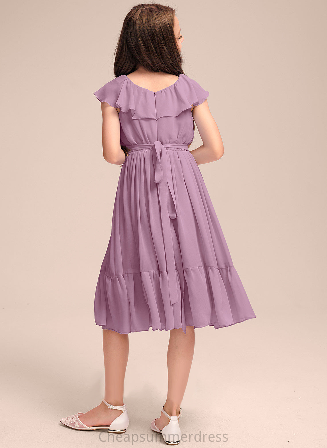 Knee-Length Ruffles Bow(s) A-Line Lorna With Neck Chiffon Junior Bridesmaid Dresses Scoop Cascading