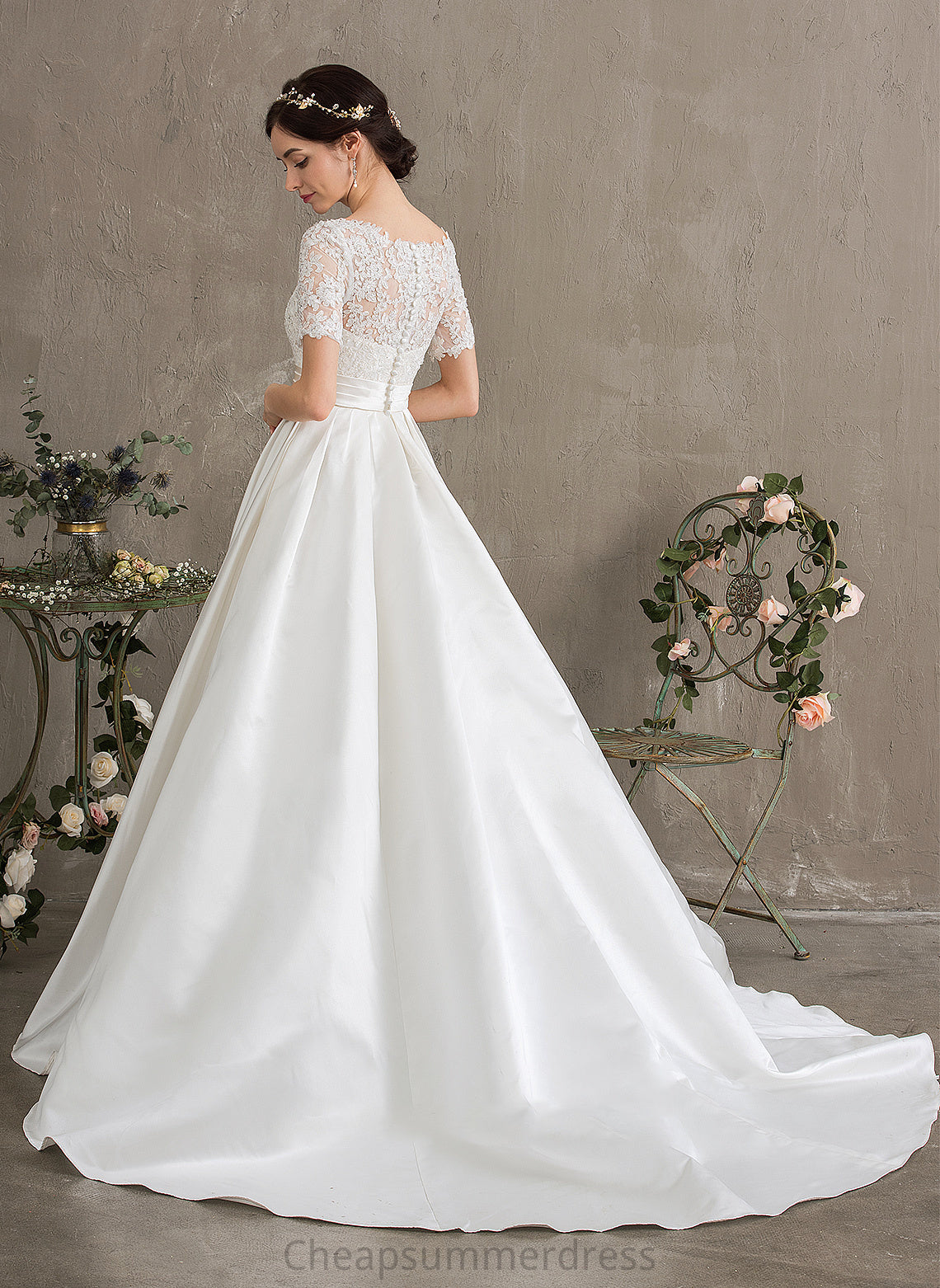 Court Sequins Train Dress Kimberly Wedding With Scoop Satin Wedding Dresses Pockets Ball-Gown/Princess Neck Beading