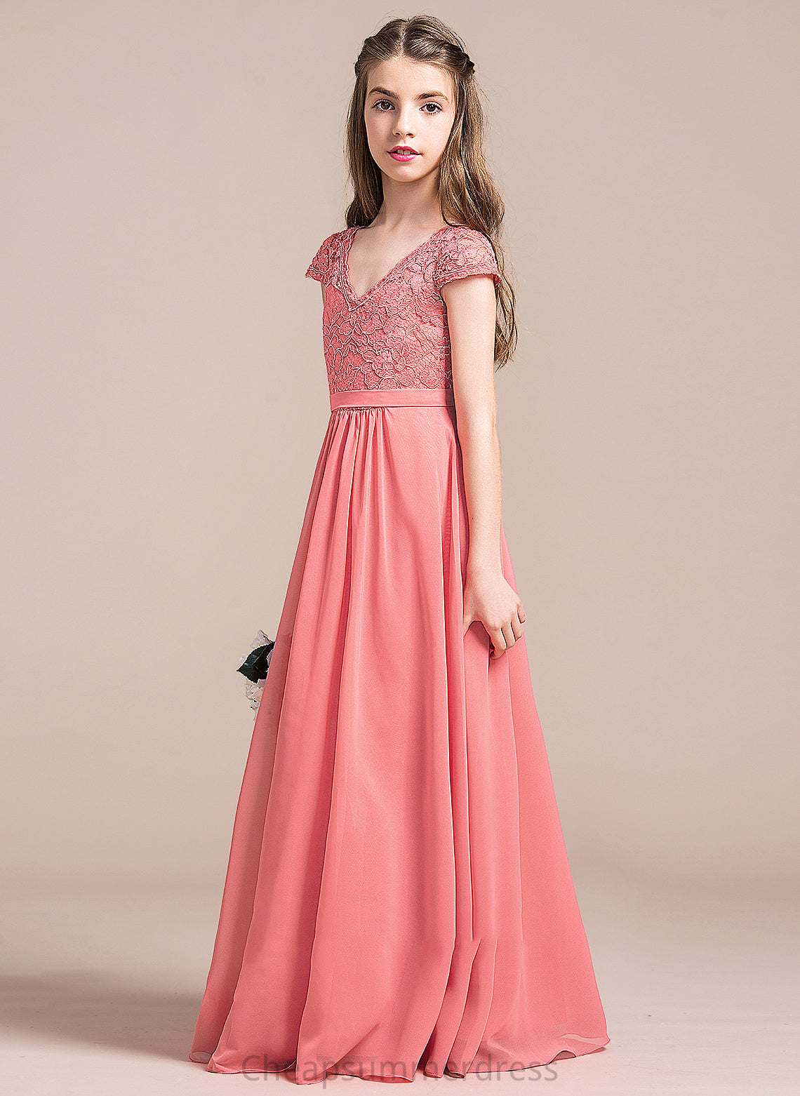 V-neck Chiffon Paulina Junior Bridesmaid Dresses A-Line Floor-Length Lace