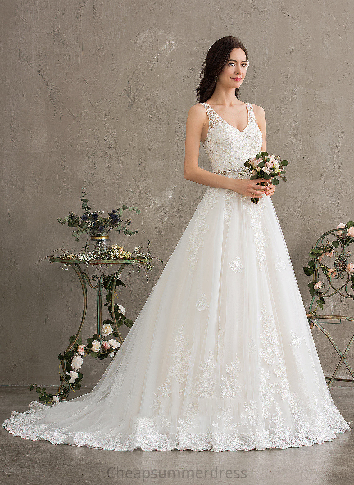 Beading With Wedding Train Dress Court V-neck Rowan Ball-Gown/Princess Tulle Sequins Wedding Dresses