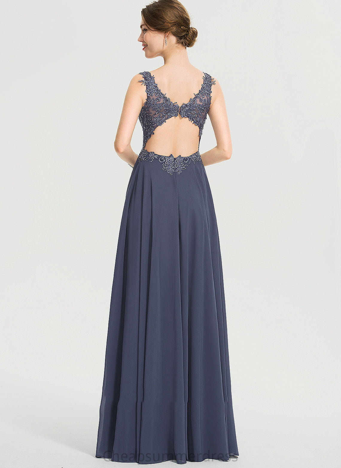 A-Line With Front Split Prom Dresses Beading Floor-Length Naomi Sequins V-neck Chiffon