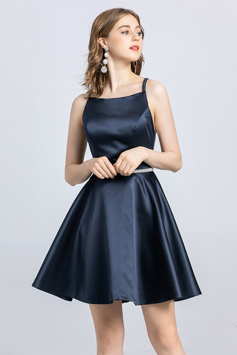 A-Line Spaghetti Strap Alyssa Homecoming Dresses Satin Sleeveless Open Back