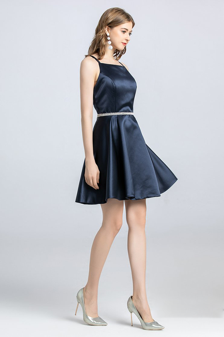 A-Line Spaghetti Strap Alyssa Homecoming Dresses Satin Sleeveless Open Back