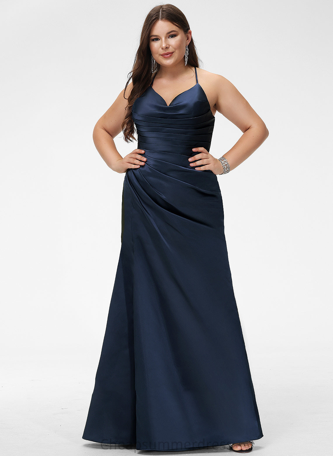 V-neck Ireland Sheath/Column Floor-Length Satin With Pleated Prom Dresses