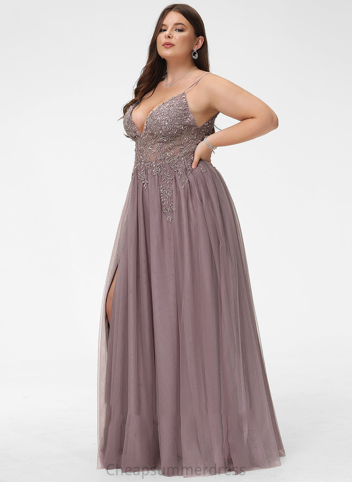 Floor-Length Prom Dresses With Tulle Lace Crystal Sequins Beading Ball-Gown/Princess V-neck Front Split