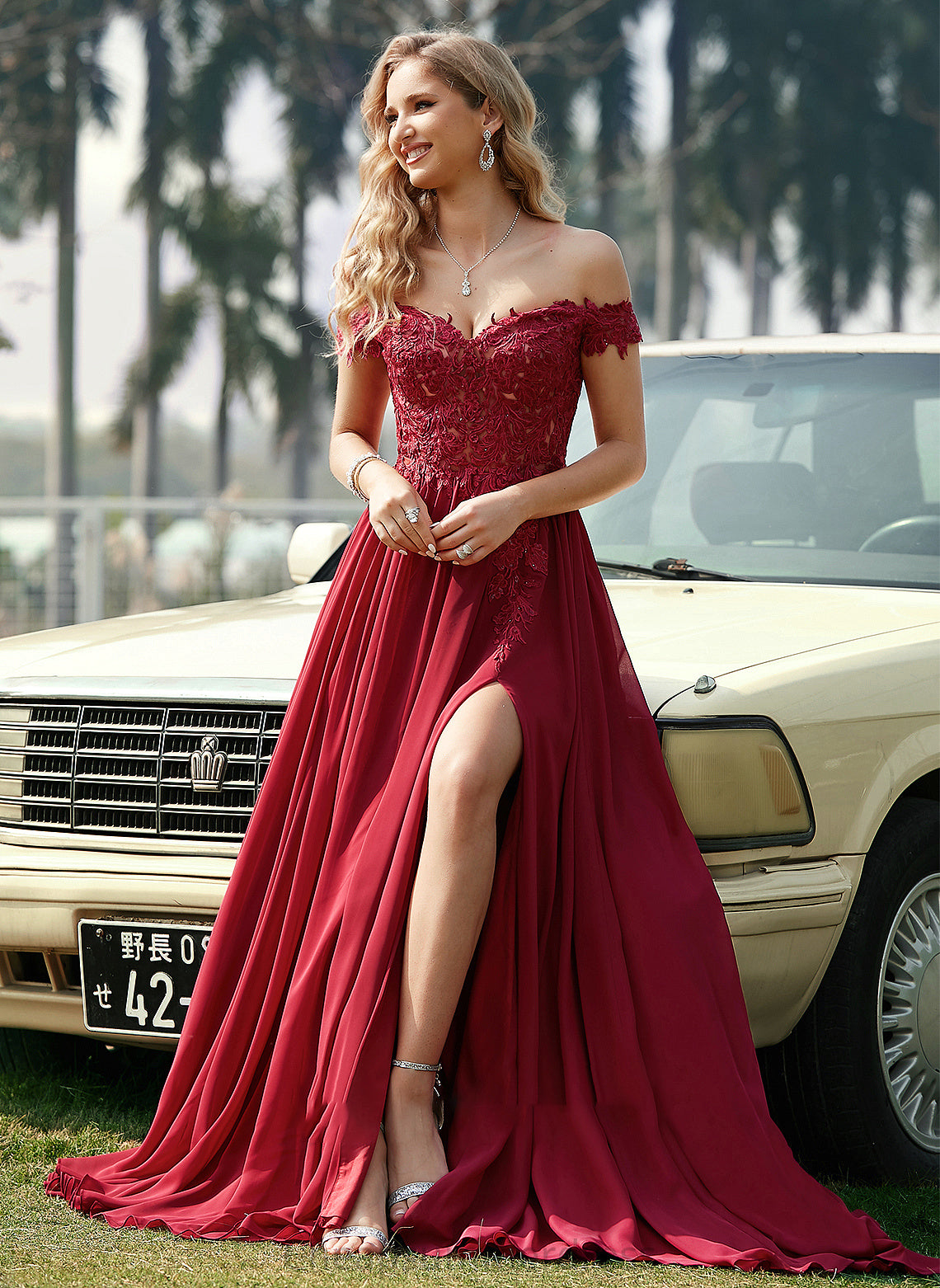 A-Line Sweep Cailyn Lace Off-the-Shoulder Train With Sequins Prom Dresses Chiffon