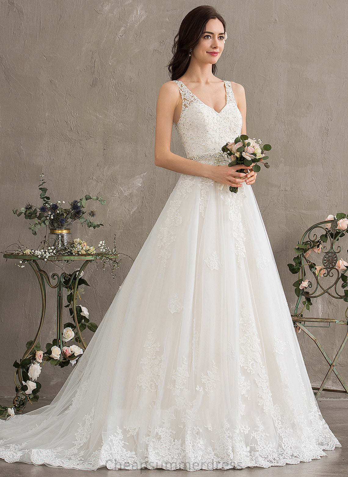 Beading With Wedding Train Dress Court V-neck Rowan Ball-Gown/Princess Tulle Sequins Wedding Dresses