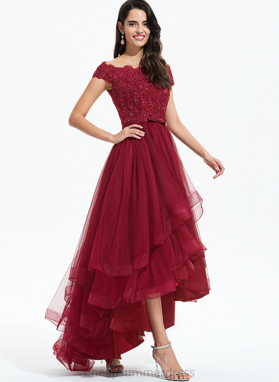 Prom Dresses Beading Brylee Bow(s) Asymmetrical Tulle Sequins With Ball-Gown/Princess Off-the-Shoulder