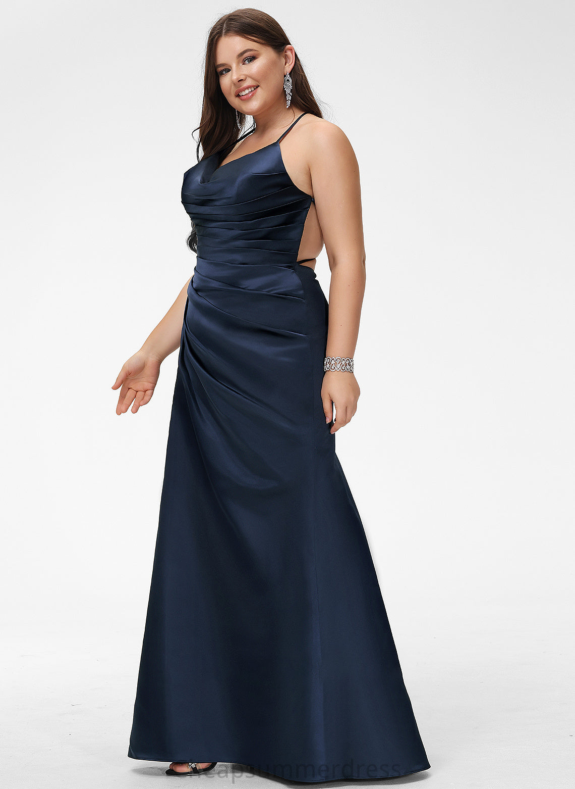 V-neck Ireland Sheath/Column Floor-Length Satin With Pleated Prom Dresses